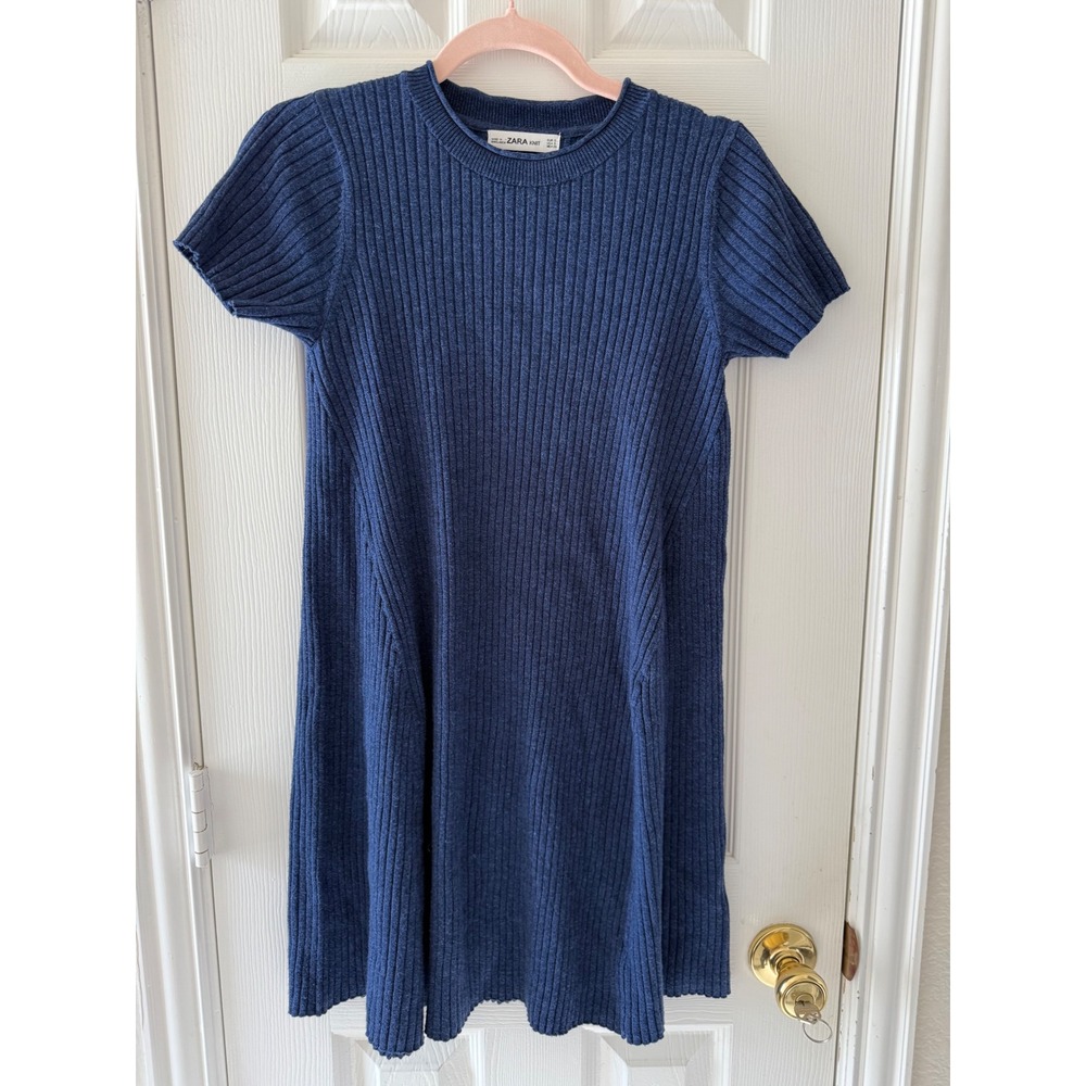 Zara Knit Dress Ribbed Short Sleeve A-Line Fit‎ & Flare Navy Blue Casual